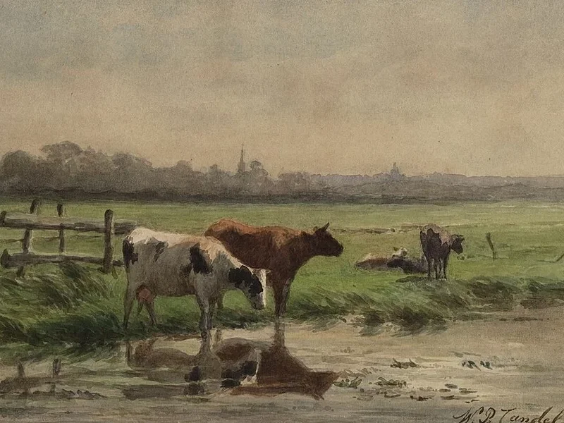 1835-Willem Pieter Candel - Paesaggio con mucche all'abbeverata